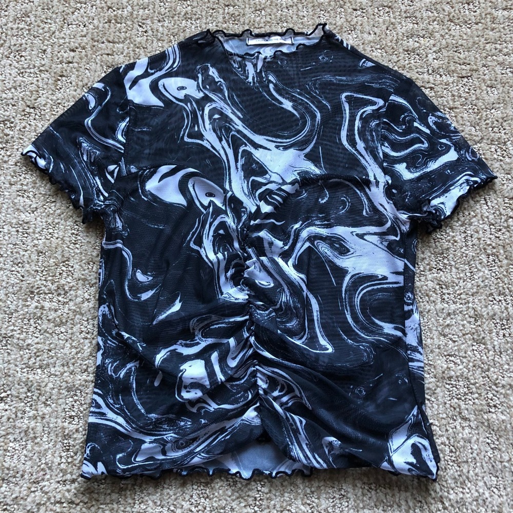 Caution To The‎ Wind Mesh Top Women's XS Marble Print Ruched Front Short Sleeve